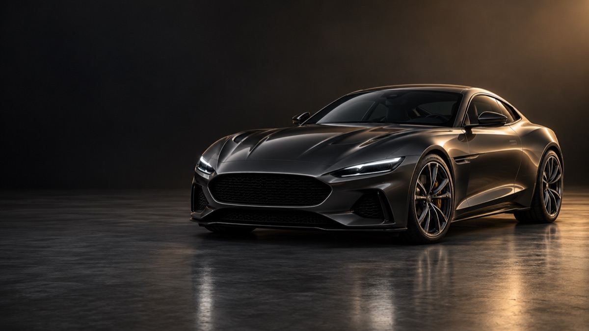 Ilustración de un coupé de color grafito sin marca en un estudio oscuro